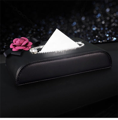 Crystal Bling Flat Car Tissue Holder Box with Camellia