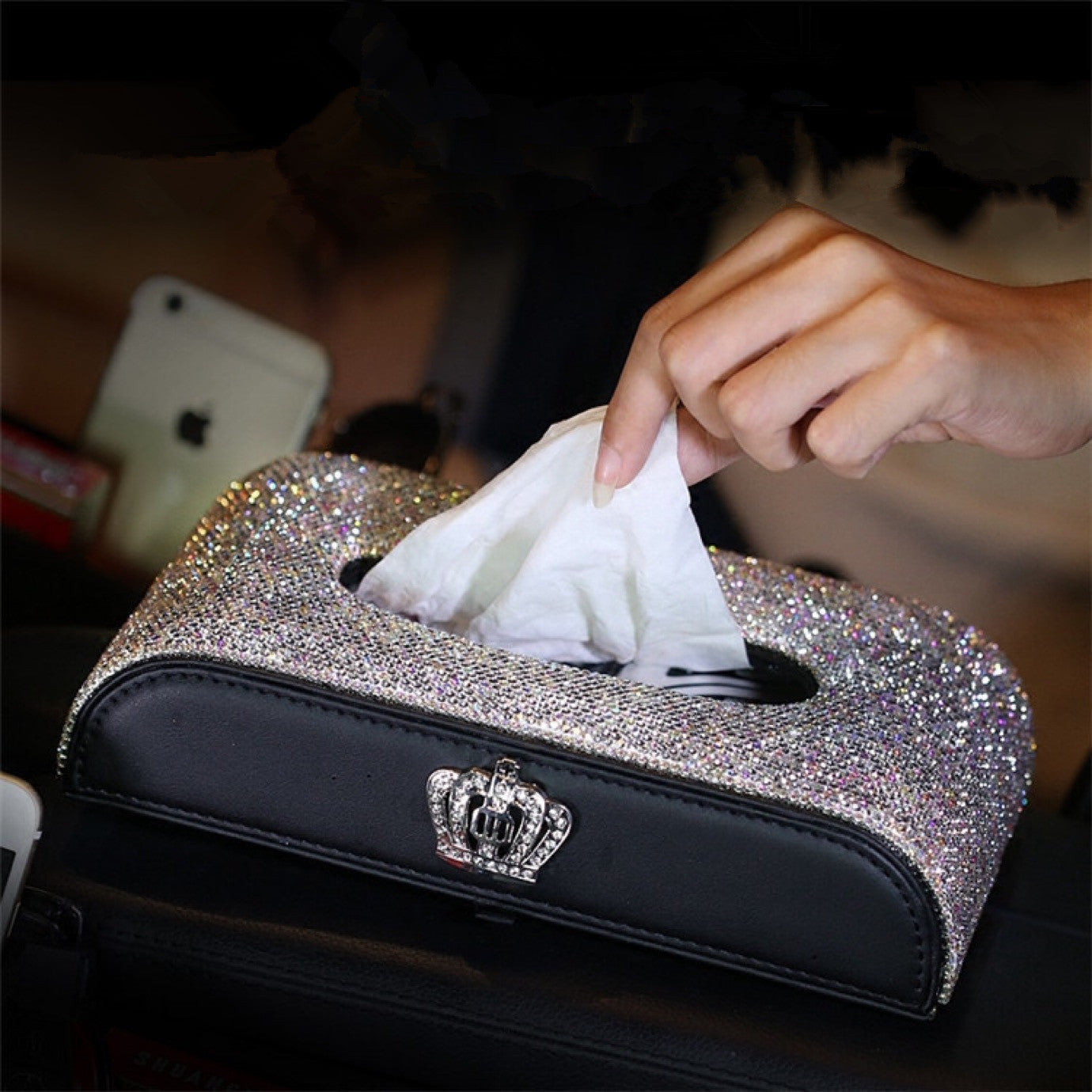 Crystal Bling Car Dashboard Flat Tissue Holder Box with Crown – Carsoda