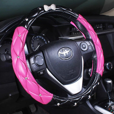 Black and Pink Leather Steering wheel cover with Bling Bow