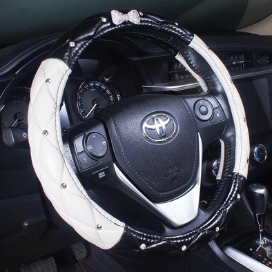 Black and White PU Leather Steering wheel cover with Bling Bow