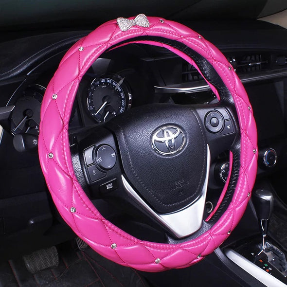 Pink Leather Steering wheel cover with Bling Bow