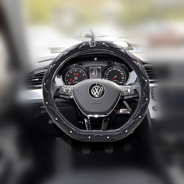 D-Shaped Black Leather Steering wheel cover with bling crown