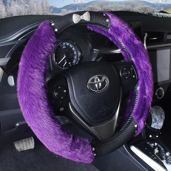 Fluffy Steering Wheel Cover with Bling Bow- Warming and cozy for Winter