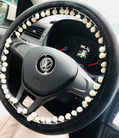 Black Steering wheel cover with white small bubble pom pom pendants