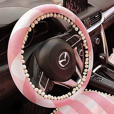 Pink checker Steering wheel cover with white small bubble pendants