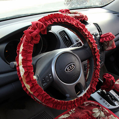 Floral Steering wheel cover with Red Lace Ruffles and Bow