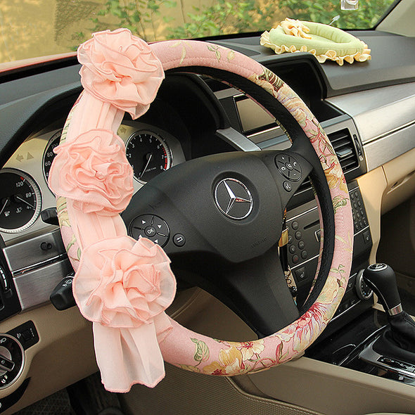 Pink Floral Steering wheel cover with Chiffon Roses