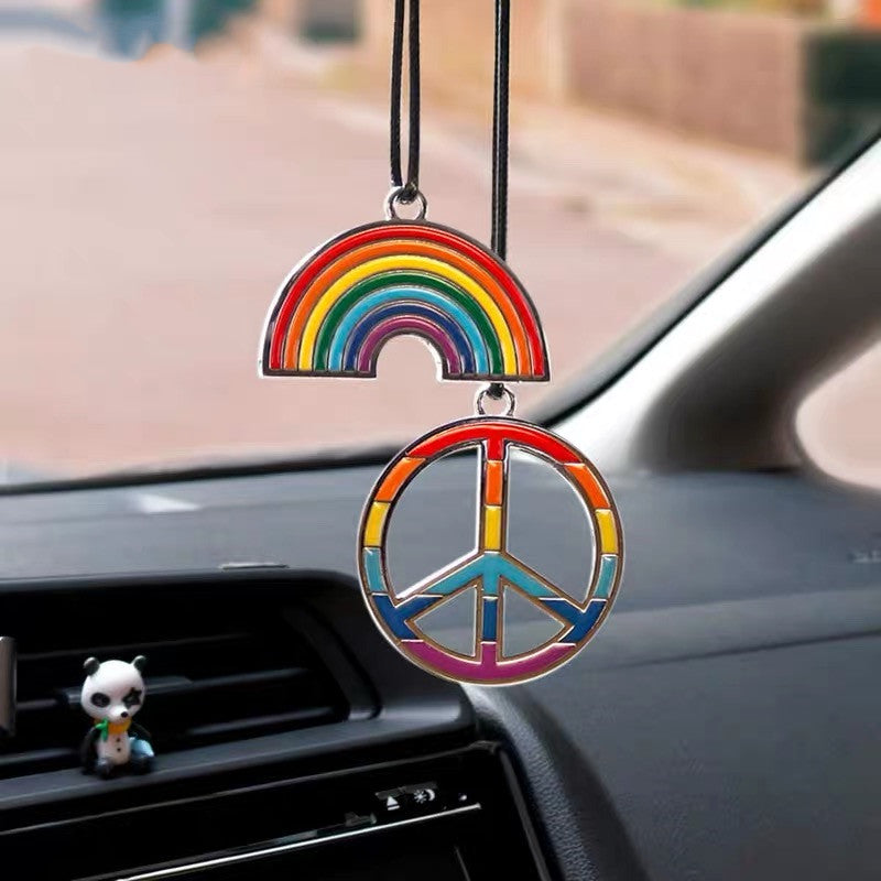 Peace and Love Rainbow Chrome Metal Car Charm Pendant