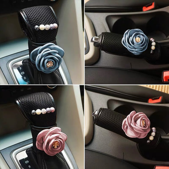Black Bling Rhinestones Hand Brake & Gear Shift Cover 2-pieces-Set with Roses
