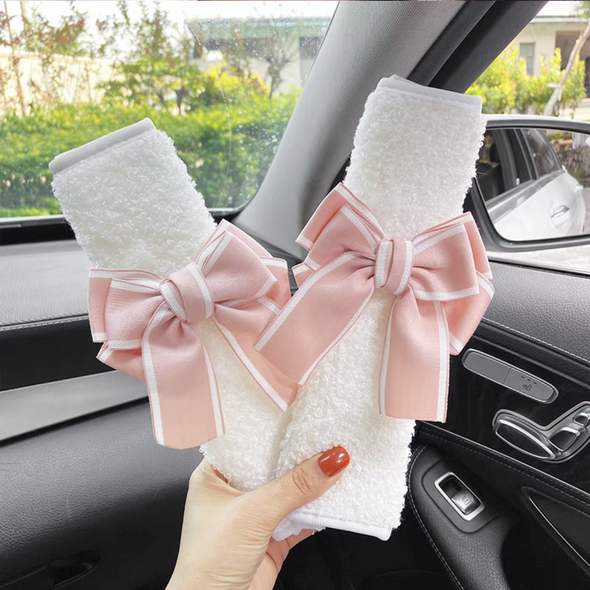 White sherpa Seat Belt Cover with Pink bow