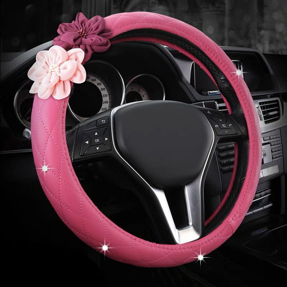 Pink Vegan Leather Steering wheel cover with Bling Flowers - Carsoda