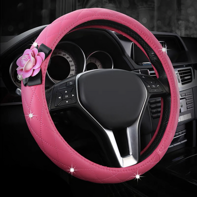 Pink Vegan Leather Steering wheel cover with Camellia - Carsoda