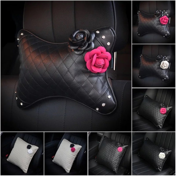 GiveMOJO Bone Shaped Car Headrest Pillow with Pink and Black Camellia
