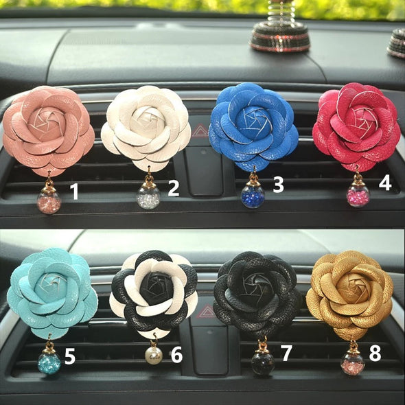PU Camellia with Pendant Car Air Vent Bling Decoration with Air Freshener DIY clip