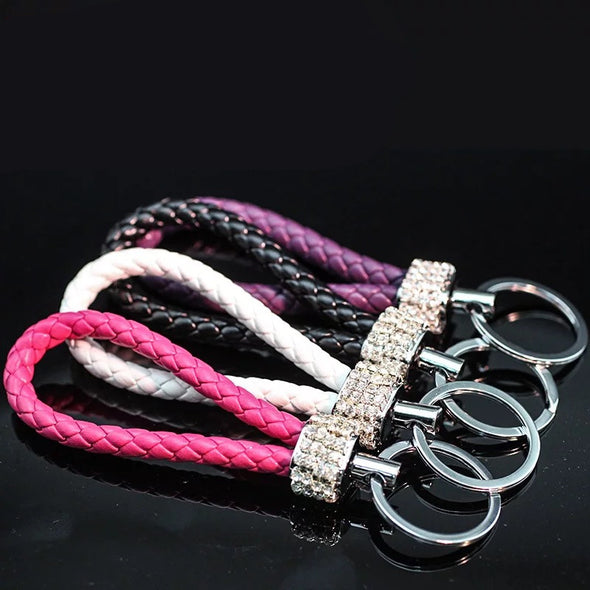 Braided Leather with Bling Ring Car Key Chain Keychain