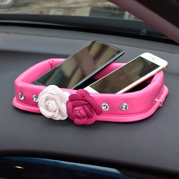 Hot Pink Car Dashboard Anti-slippery Organizer Mobile Phone Sunglasses Holder with Camellia