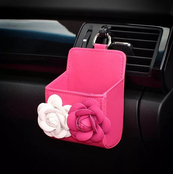 Hot Pink Car Air Vent Sunglasses cell phone holder with Pink and White Camellia