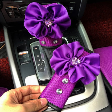 Purple Hand Brake & Gear Shift Cover 2-pieces-Set with Rhinestone and Flowers - Carsoda