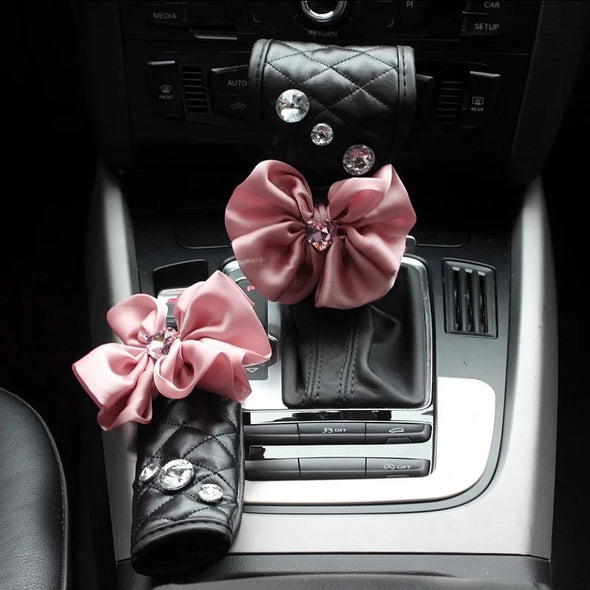 Black Vegan Leather Hand Brake & Gear Shift Cover 2-pieces-Set with Rhinestone and Pink Flowers