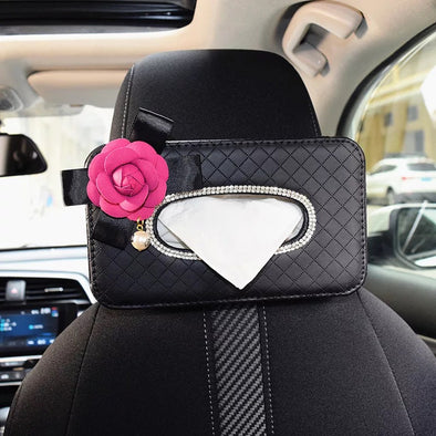 Black Car Seat Back Tissue Box with Bling Camellia