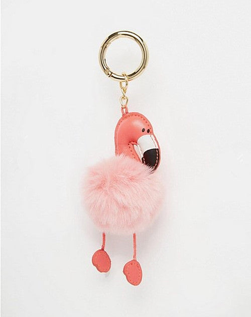 Car Key Chain Keychain Handbag Pendant with Flamingo and Pom Pom Fur