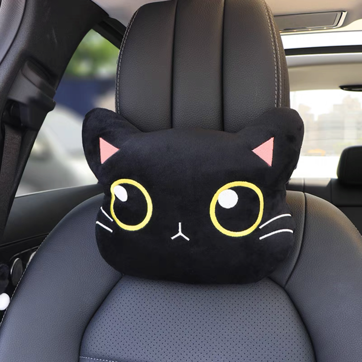 Black Cat Meow Seat Belt Cover (2x) or Seat Headrest Cushion