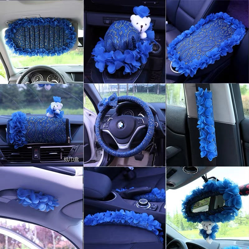 BOHO Blue Steering wheel cover, seat belt cover, center console cover, –  Carsoda