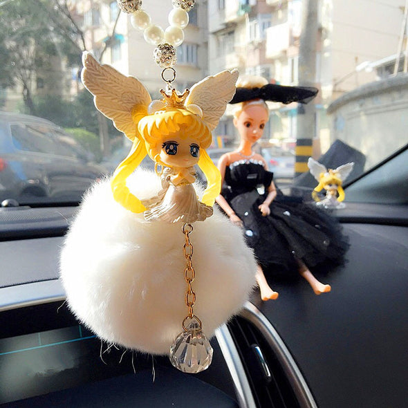 Bling Car Mirror Pendant - Sailor Moon Princess Tsukino Usagi Crystal Pearl and Pompom Pendant