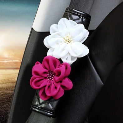 Black leather Seat Belt Cover with Rosa