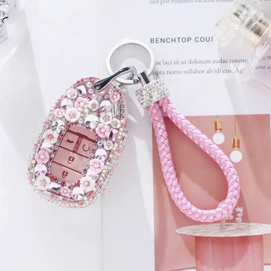 Pink Bling Car Key Leather Holder with Rhinestones and flowers for 2022 Honda CRV XRV Accord Civic