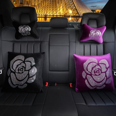 Velvet Bone Shaped Car Cushion Headrest Pillow with Bling Camellia