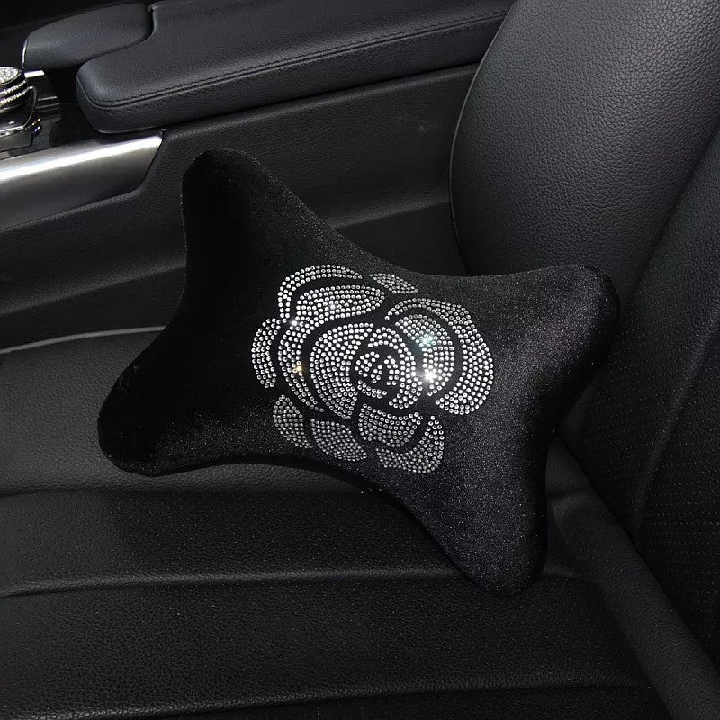 Velvet Bone Shaped Car Cushion Headrest Pillow with Bling Camellia – Carsoda