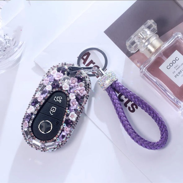 New 2022 Mercedes Benz Pink Bling Car Key Holder with Rhinestones and flowers-purple