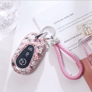 New 2022 Mercedes Benz Pink Bling Car Key Holder with Rhinestones and flowers