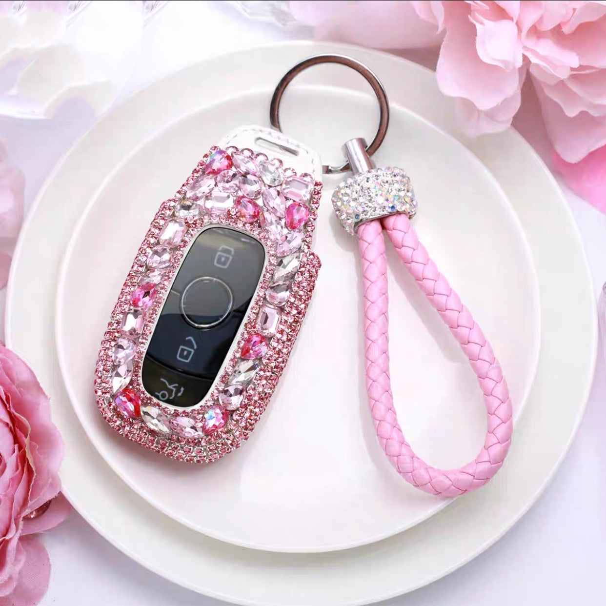 Pink Bling Mercedes Benz GLC CLA E C S Class Car Key FOB with Rhinestones