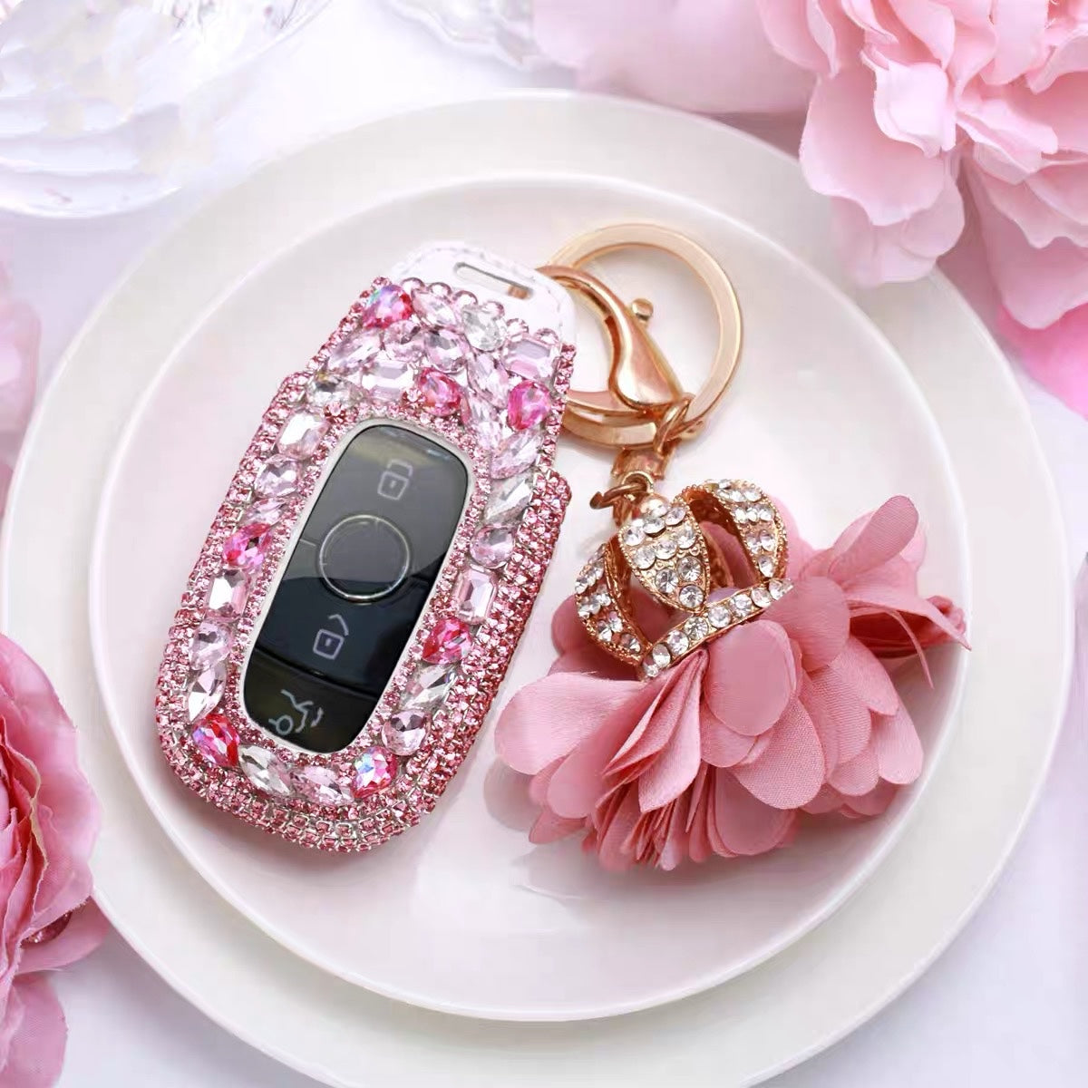 Pink Bling Mercedes Benz GLC CLA E C S Class Car Key FOB with Rhinestones