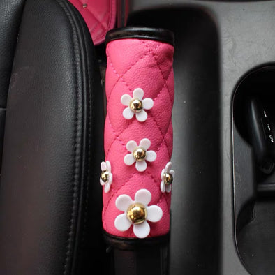 Hot Pink Vegan Leather Hand Brake & Gear Shift Cover with Daisy 2-pieces-Set