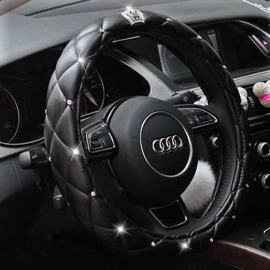 Black Leather Steering wheel cover with Bling Crown
