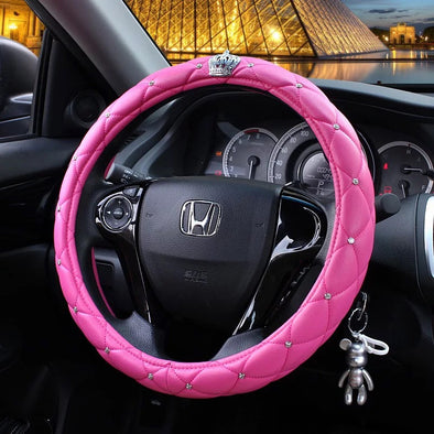Pink Leather Steering wheel cover with Bling Crown