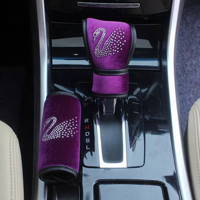 Purple Velvet Bling Swavroski Swan Rhinestones Hand Brake & Gear Shift Cover 2-pieces-Set - Carsoda