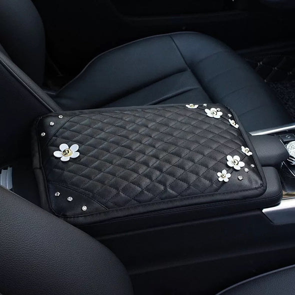 Black Leather Bling Car Center Console Cover with Small Daisy - Carsoda - 1