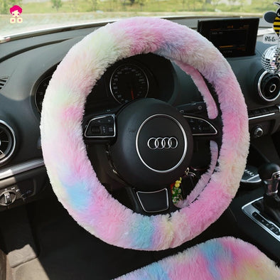 Fluffy Rainbow Car Accessories- Steering wheel cover, seat cover, headrest pillow, seat belt cover - Warming and cozy for Winter