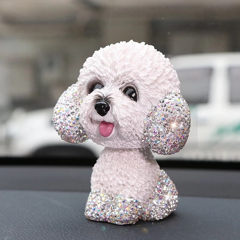 Car Dashboard Decoration - Bling Rhinestone Swinging Puppy Teddy White/Chocolate