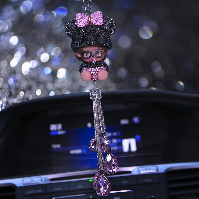 Bling Car Charm Ornaments- Monchichi Rear View Mirror Charm -Purple