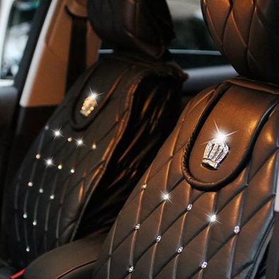 Black Leather Car Seat cover with Rhinestone bling Crown Five-pieces-set