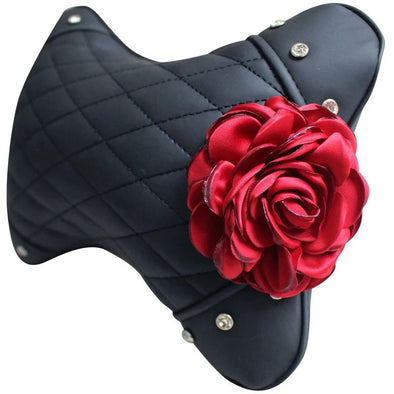 Black Leather Bone Shaped Car Headrest Pillow with Red Rose - Carsoda