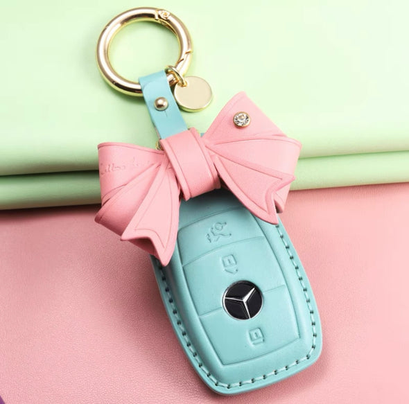 Leather Car Key Fob Holder Cover and Bow for Mercedes-Benz