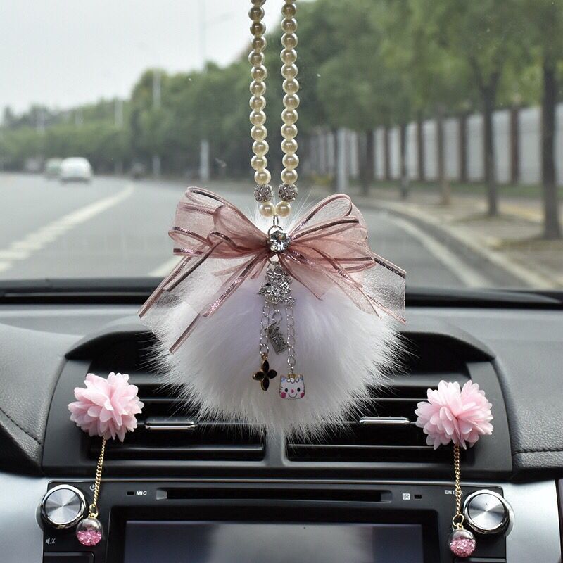 Car Mirror Charm- Bling crystal pendant and Fur Ball Rear View