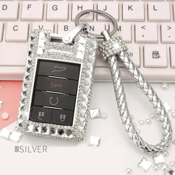 Bling Car Key Holder with Rhinestones for Cadillac CTS, XTS, XLR, SRX, STS, ATS, SLS - Silver, purple and pink
