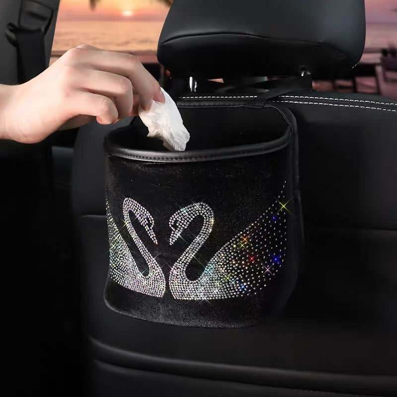 Seat Back Velvet Rhinestone Crown Swan Car Trash Can